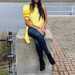 Neon Yellow One Shoulder Gathered Sleeve Belted Top